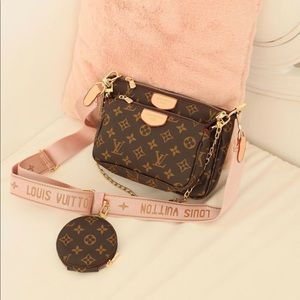 Womens handbag with pouch / multi pochette with pink strap